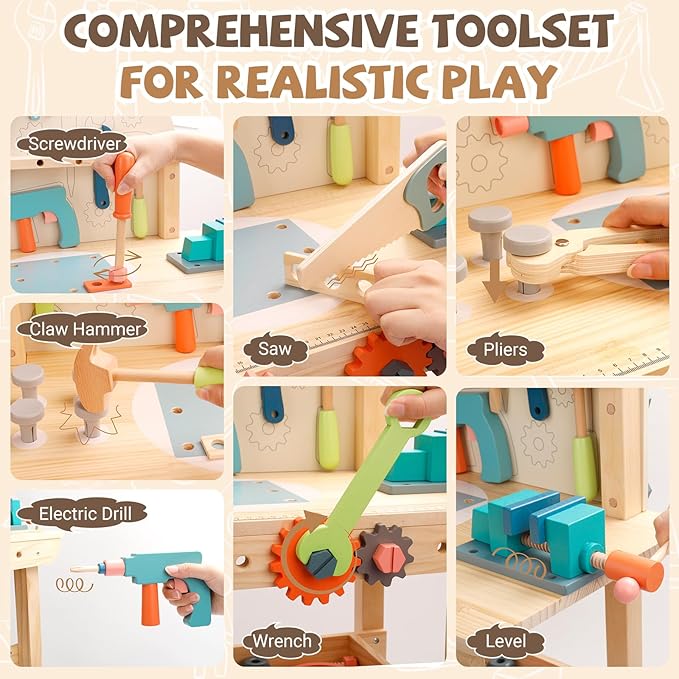 Tool Bench for Kids Toy Play Workbench Wooden Tool Bench Workshop Workbench with Tools Set Wooden Construction Bench Toy for 3 4 5 Year Old Boys and Girls