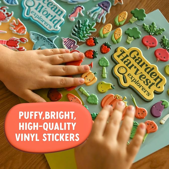 Reusable Sticker Book for Toddlers 1-3, Puffy Stickers, Eco-Friendly, Educational, Fruit & Vegetable Theme, Sensory Play, Durable, Non-Toxic, Vibrant Colors, Fine Motor Skills