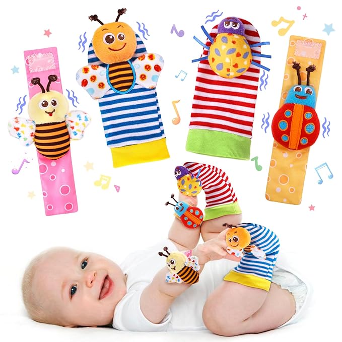 Baby Wrist Rattle Socks and Foot Finder Set Baby Rattles Toys for 0-12 Month, Infant Girl Boy Toys for Babies 3-6 Months, Newborn Hand & Foot Toys for 0 to 9 Months, Baby Easter Gifts