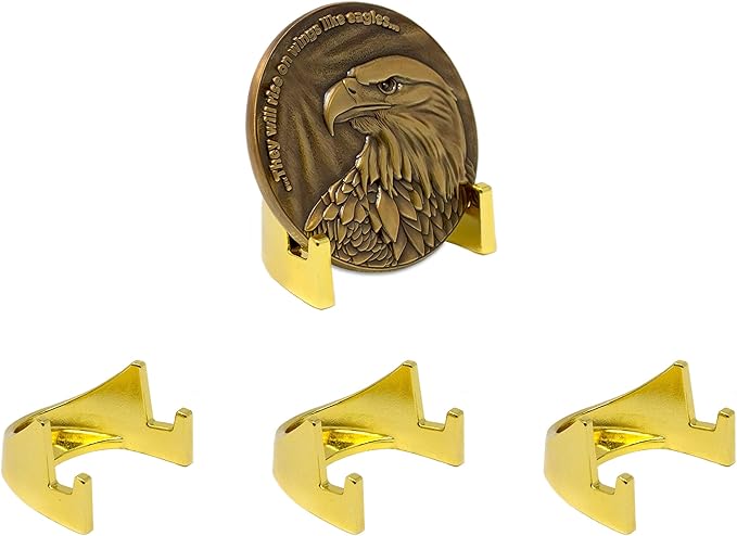 LOGOS COINS Challenge Coin Display Stand (3 Pack) - Sturdy Military Holder With Shining Gold Finish, No Tip and No Assembly Required Token Medallion Holder, 5mm Half Easel Stand