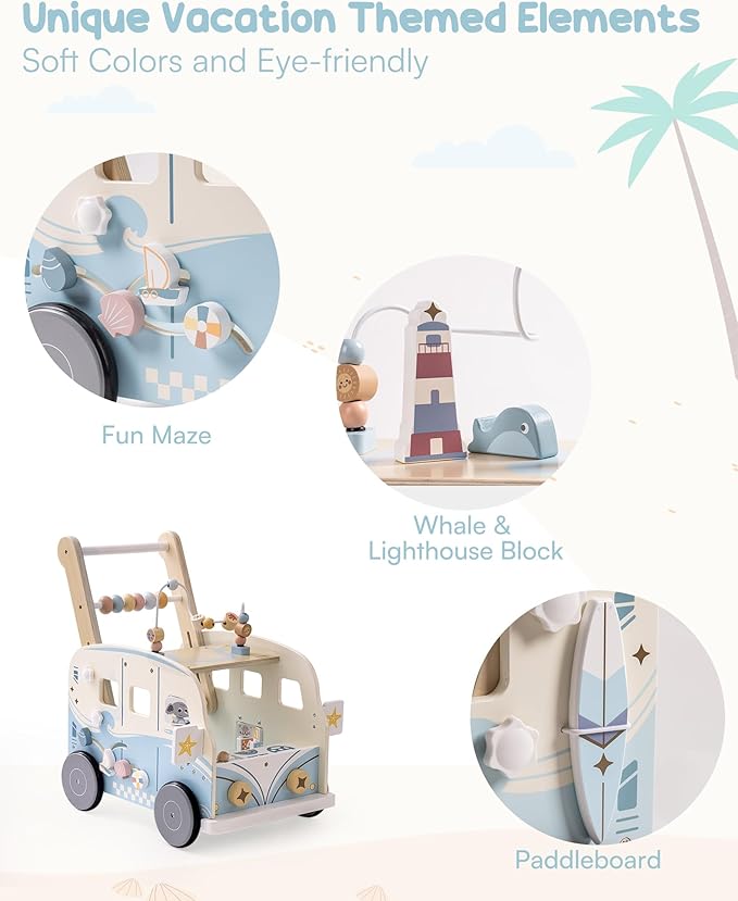 ROBOTIME Wooden Baby Walker, Baby Push Walker, Baby Activity Center Toys, Ajustable Speed Multi-Functional Baby Walker with Wheels for Boys and Girls(Vacation Bus)