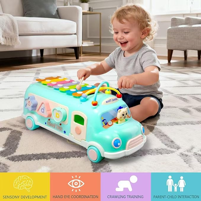 Baby Bus Xylophone Toys for 1 Year Old Girl Gifts, 5-in-1 Montessori Baby Musical Bus Toys for Toddler 1-3, Shape Sort Educational Early Learning Toy 1st First Birthday Gifts for Girls Boys