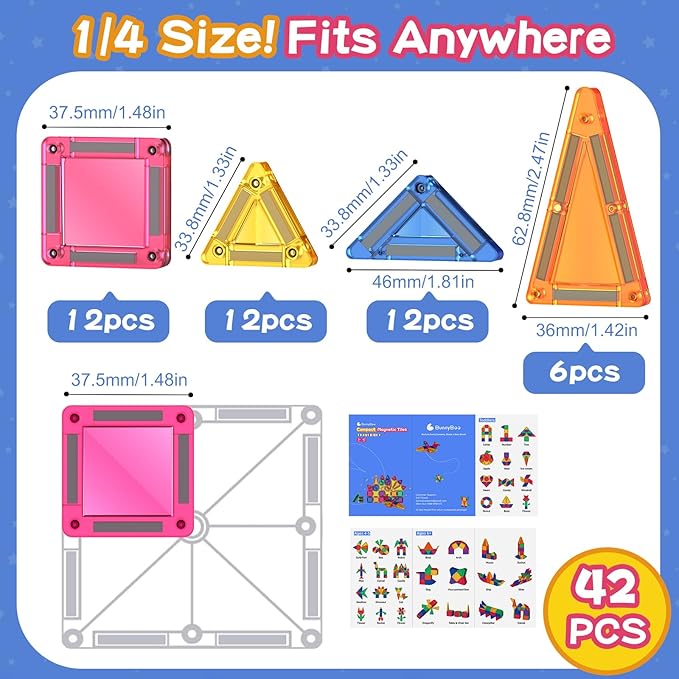 Travel Magnetic Tiles Toddler Toy Set, 42PC Mini Magnetic Tiles & Building Blocks for Kids, Portable STEM Sensory Toys for Restaurant & Airplane, Gift for 3+ Years Old Boys Girls with Iron Case