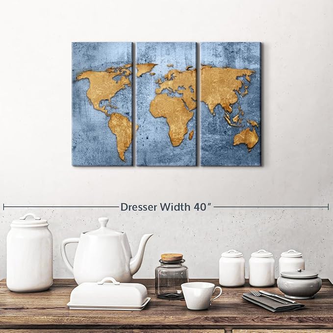 ElephantStock Azure World Map Wall Art Multi Piece Canvas - 3 Panel Wall Decor - Map of the World Art - Canvas for the Office and Home - 23" X 14"