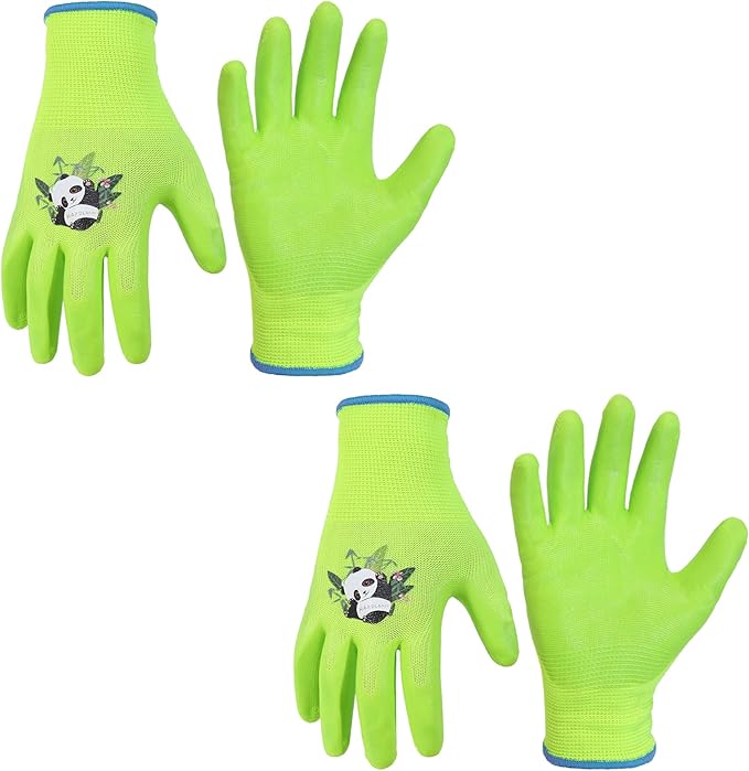 HANDLANDY 2 Pairs Kids Gardening Gloves, Toddler Children Garden Yard Work Outdoor Playing Gloves, Rubber Coating, for Girls Boys Youth (Size M, Green)