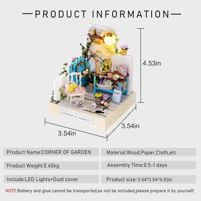 CUTEROOM DIY Doll House Miniature Furniture Wooden House Kit with Dust Cover & LED Light and Accessories -Corner of Garden