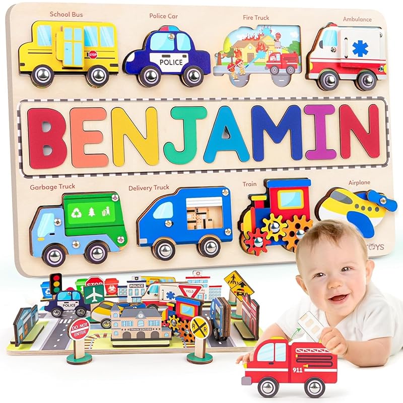 Personalized Wooden Name Puzzle for Toddlers 1-5 - Montessori Wooden Vehicle Sensory Toy, Custom Educational Gift for 2 Year Old, Cars & Trucks Toy for Toddlers, Ideal for Birthdays