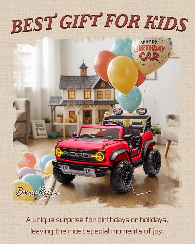 Ford Bronco 24V Ride on Toys for Boys & Girls, 2 Seater Kids Electric Car with Remote Control, Kids Ride on Truck with 4 Wheels Suspension, Led Lights, Safety Belt (24V, Red)