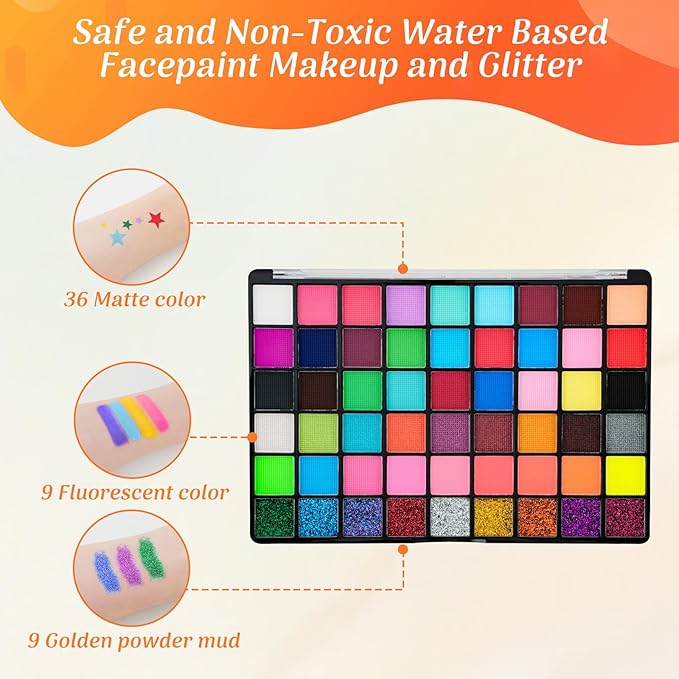 Professional Face Paint Set for Kids,54 Colors Non-toxic Water Activated Face Painting Makeup Palette .Includes Multiple makeup tools.Ideal for Halloween,Carnival,Cosplay,Party,SFX Arty Stage Makeup.
