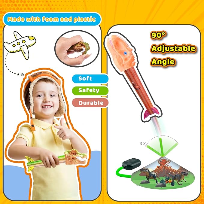 Dinosaur Rocket Launcher for Kids, 4 Rockets with Launcher Pad, Launch Up to 100 Ft, Dinosaur Toys for Kids, Outdoor Toys, Birthday Gifts for 3 4 5 6 7 Year Old Boys Girls