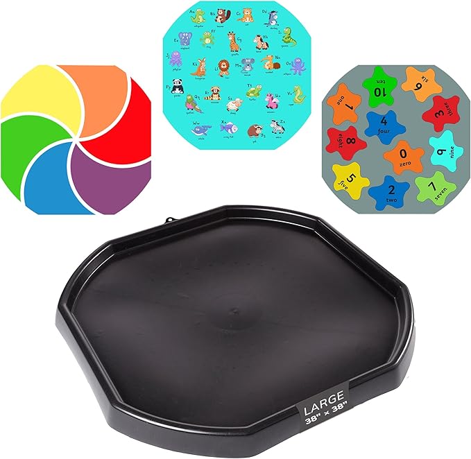MEKA Tuff Tray with 3 Play Mats, Sensory for Kids Alphabet, Numbers, Color Themes, Indoor Outdoor Use, Home or Classroom (Black, Large 38" x 38")