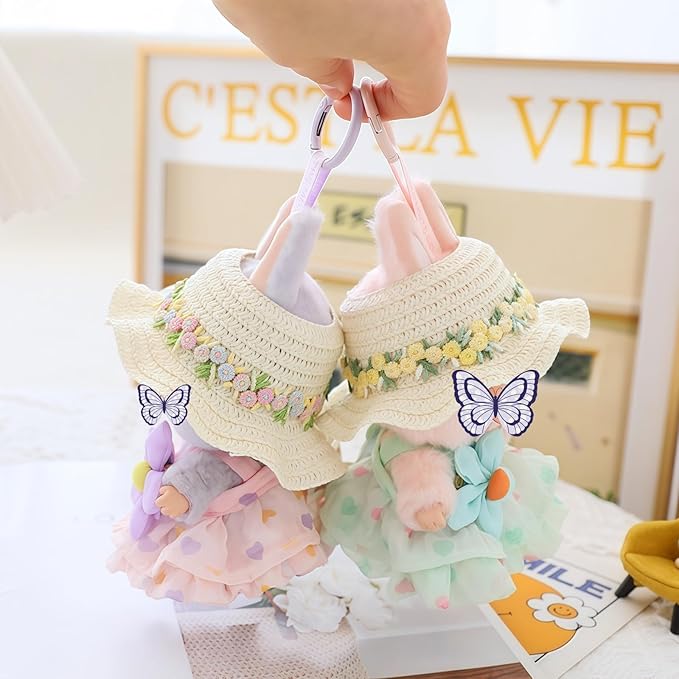 Clothes for Dolls Accessories (No Doll), Kawaii Hat Skirt Outfit Set 3 Pieces for 15cm 17cm Dolls Suit, Stylish Flower Doll Hat Clothing Set Replacement Pink