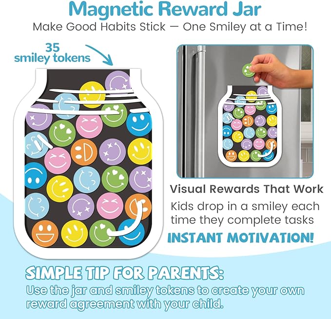 JJPRO Magnetic Reward Jar for Kids with Daily Checklist- 10" x5.5“ Home Chore Chart for Fridge,Daily to Do List Board for Toddlers,Magnetic Reward Jar Positive Behavior Training -Blue