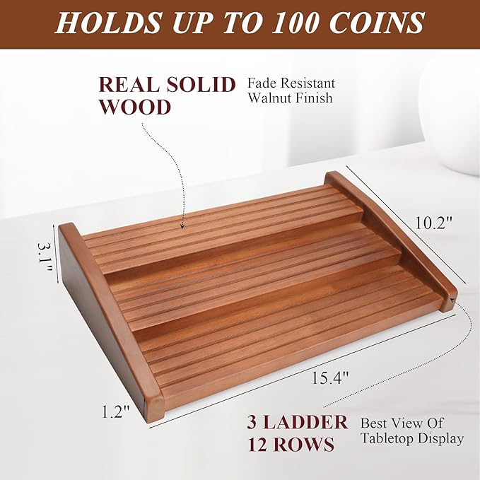 Challenge Coin Display Holder, 12 Rows Solid Wood Military Coin Stand Holds 80-100 Coins, Army Coin Display Rack for Desk (Walnut Finish)