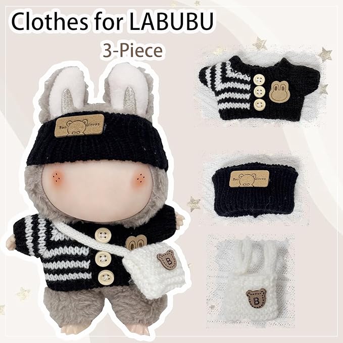 Clothes for 17cm Dolls Accessories Crochet 3 Piece Set Outfits for Doll(Black Sweater)
