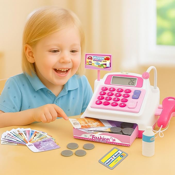 Ice Cream Store Mini Cash Register with Pretend Play Desserts, Working Scanner, Calculator, Microphone, Money and Credit Card