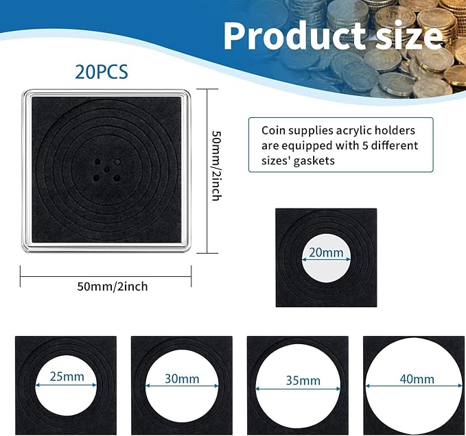 20 Pcs Adjustable Acrylic Coin Collection Cases with Sponges, Coin Snap Holder, Silver Dollar Protection Cases for Collectors, Coin Dollar Collection Supplies(20mm-40mm)