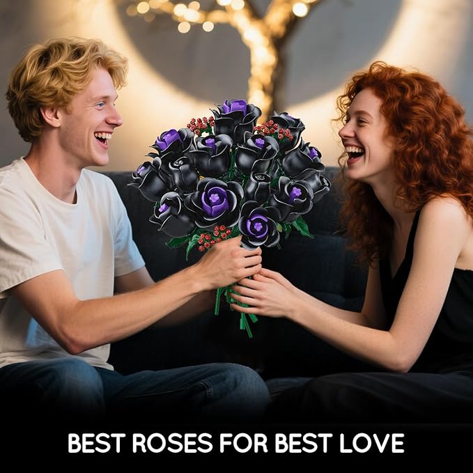 HOGOKIDS Flowers Bouquet Building Set - 15 Halloween Black Roses Botanical Collection Building Blocks Artificial Flower 330PCS Gothic Home Decor Christmas Birthday Gift for Adults Kids Girls Age 8+