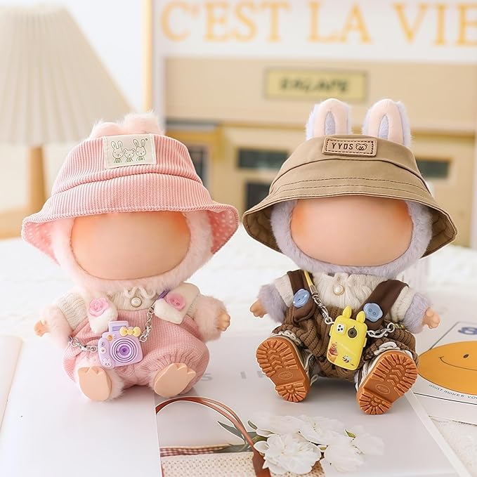 Clothes for Dolls Accessories (No Doll), Cute Outfit Set 5 Pieces Bib Pants for 15 & 17cm Doll Suit, Stylish Dress Up Overalls Doll Clothing Set Replacement with Hat Clothes Shoes Pink