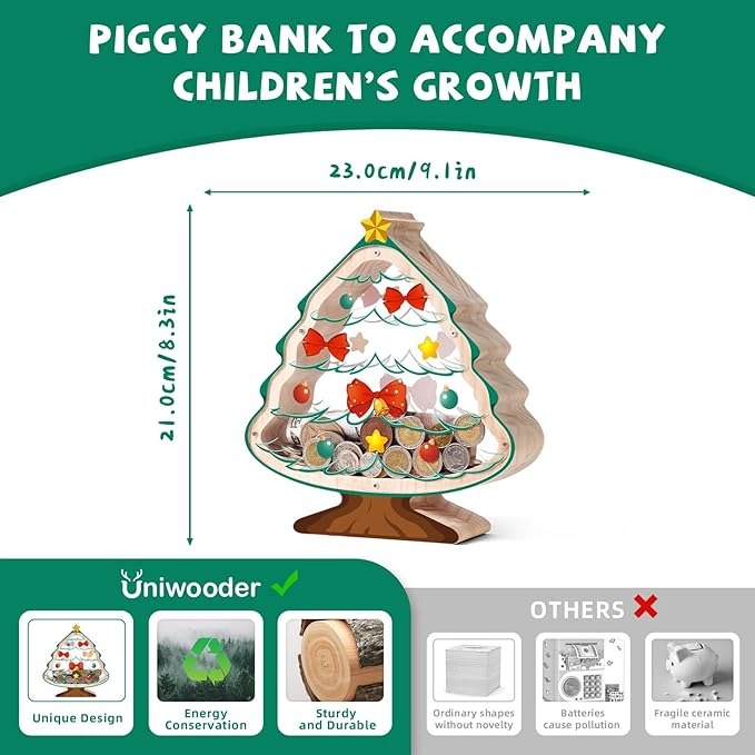 Wooden Christmas Piggy Bank for Kids, Christmas Tree Piggy Bank with Acrylic Panels, Unbreakable Toddler Money Box for Boys Girls, DIY Safe Coin Bank with Letter Sticker, Christmas, Birthday Gift
