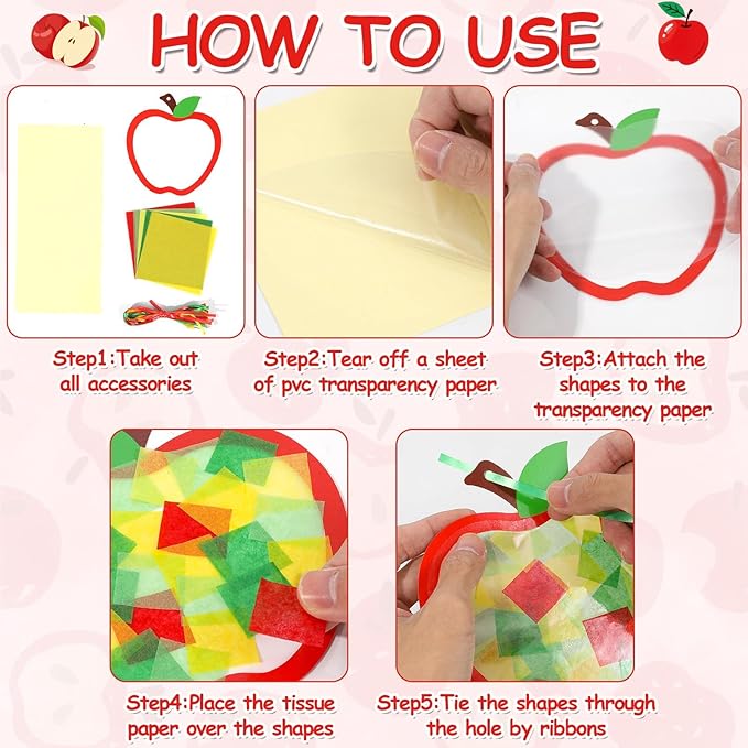 Qyeahkj 36 Set Fall Apple Suncatchers Crafts for Kids DIY Autumn Window Tissue Paper Craft Kit Hanging Decor for Classroom Home Activity Art Project Birthday Party Favor Gift