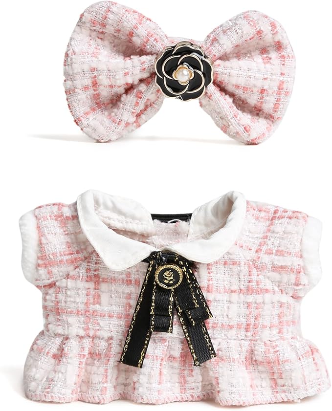 17cm Doll Clothes for Labubu - Luxury Chic Style Set for 17cm Dolls Outfit - Accessories for Dolls Clothes -Pink Plaid Tweed Dress + Black Necktie + Pink Bow (No Doll)
