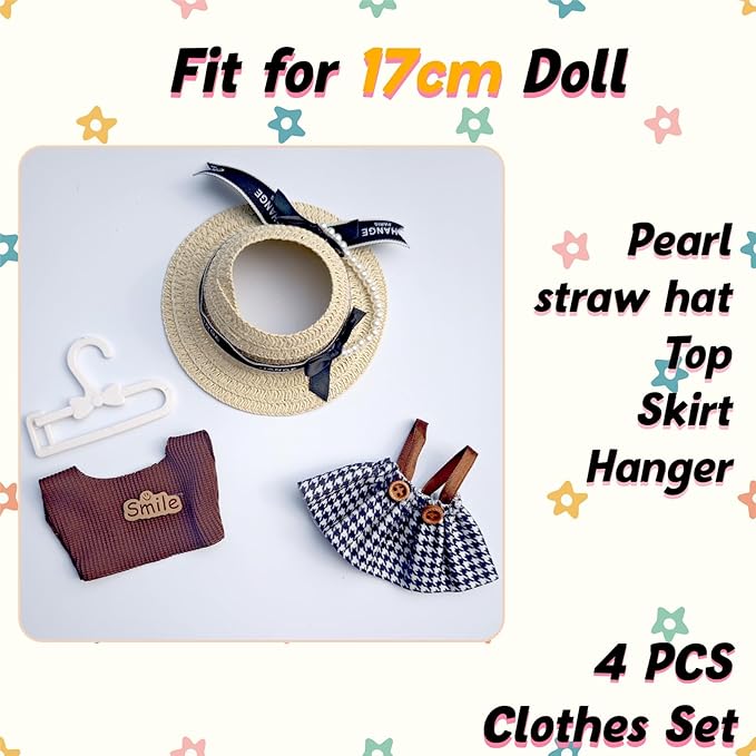 17cm Doll Clothes Set, Cute Girls Outfits and Peal Straw Hat, 4 PCS Cute Hat & Dress Set Stylish Outfits Exquisite Accessories