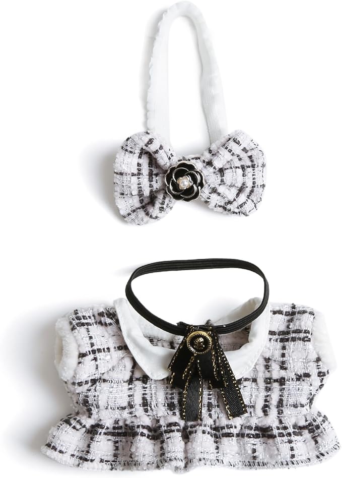 17cm Doll Clothes for Labubu - Luxury Chic Style Set for 17cm Dolls Outfit - Accessories for Dolls Clothes -White Plaid Tweed Dress + Black Necktie + White Bow (No Doll)