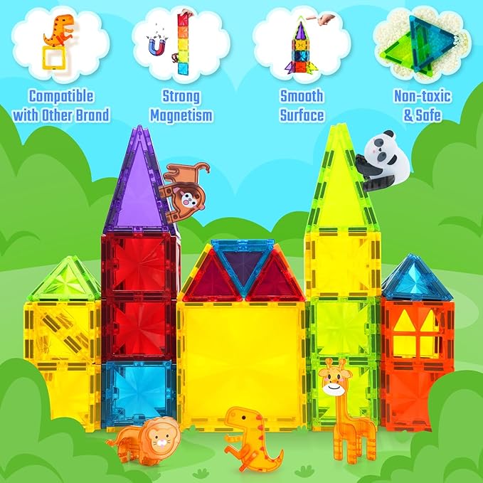 Magnetic Tiles 110PCS 3D Animals Magnet Tiles with 2 Cars Kids Magnetic Building Blocks STEM Educational Magnet Toy Construction Playboards Toys Gifts for Boys Girls Toddlers 3 4 5 6 7 8 9 Year Old