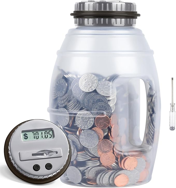 X-Large Piggy Bank for Adults, Vcertcpl Digital Coin Counting Bank with LCD Counter, 2.8L Capacity Coin Bank Money Jar for Adults, Designed for All US Coins(Gray, X-Large)