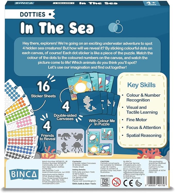 BINCA Dotties Dot Art Activity Kit, 750+ Stickers, Underwater Animals Mess-Free Activities, DIY Dot Sticker Art for Toddlers, Kids Travel Activities, Craft Kits & Gifts for Boys & Girls Ages 4,5,6,7
