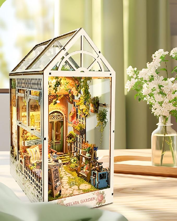 DIY Book Nook Kit,DIY Dollhouse Booknook Bookshelf Insert Decor,3D Wooden Puzzles with LED Dust Cover,Book Nook Miniature Kit,Birthday Halloween Home Decor for Teens Adult-Sylvia Garden