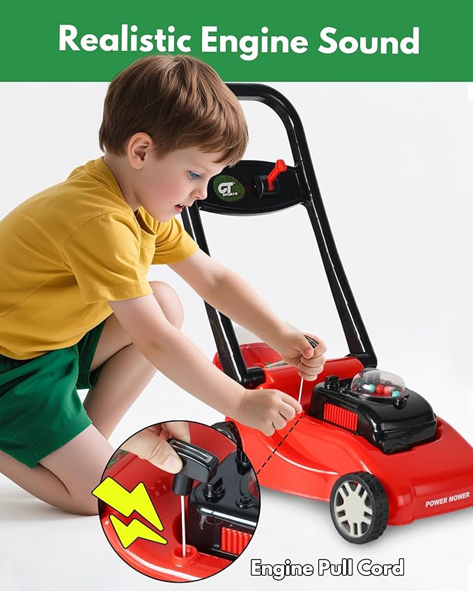 Kids Lawn Mower with Realistic Grass-Cutting Action and Sounds – No Batteries Required | Fun Outdoor Push Toy, Birthday Gift & Halloween Present for 3, 4, 5, 6, 7, 8 Year Old Boys and Girls (Red)
