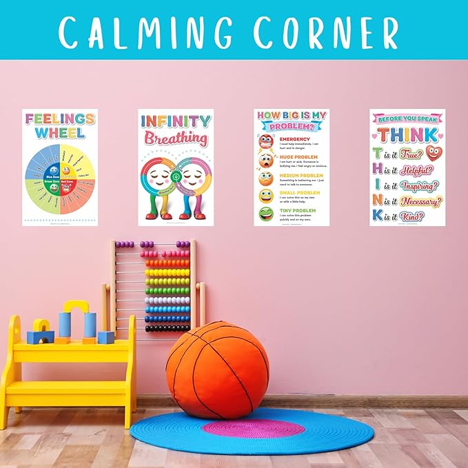 DeeDee's Workshop 4 Feelings Chart For Kids, Feelings Wheel Posters, Emotions Poster, Calm Down Corner Poster, Autism Sensory Products, Set of 4 (11 x 17 inches), Large
