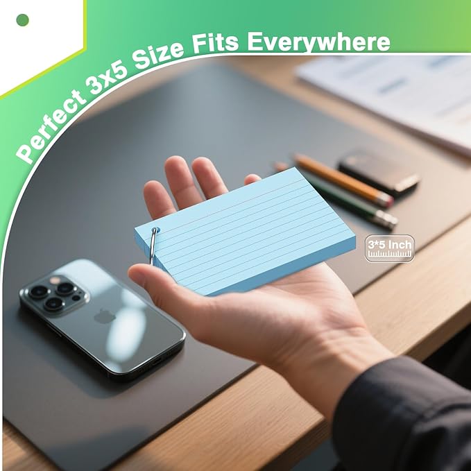 250 Count Blue Index Cards with Ring 3 x 5 Inch Heavyweight Ruled Index Cards, Flash Cards for School & Office Supplies and Home Organization, Durable Study To Do List Note Cards with Ruled Lines