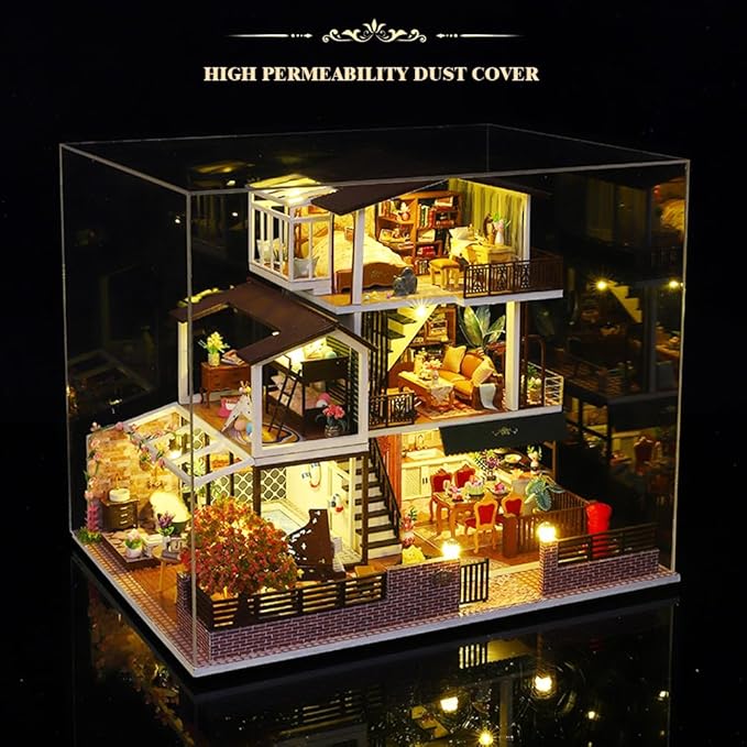 Yuzhen DIY Miniature Dollhouse with Furniture and LED Lights, European Style Villa Wooden Dollhouse Includes Dustcover and Music Movement, Exquisite Home Decor