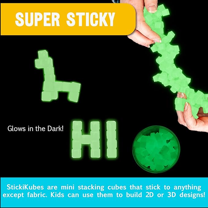 KOMARC GAMES StickiKubes, Mini Stacking Cubes That Stick to Anything, Non Toxic Kid Safe Sticky Blocks, Creative Construction Toy - 125 Cubes, Glow in The Dark, Tub