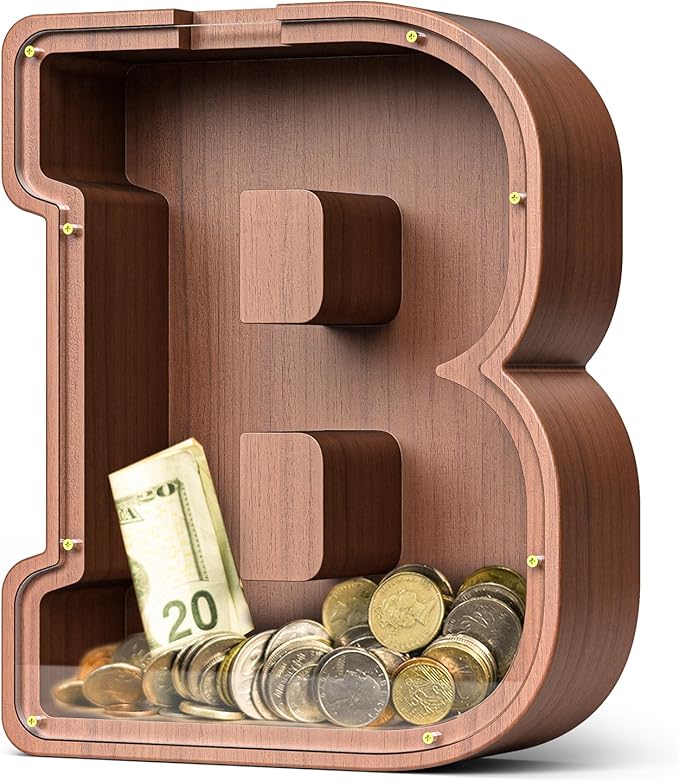 Summidate Wooden Letter Piggy Bank, Extra Thick Large Capacity Piggy Bank for Kids Boys Girls Toddler, Alphabet B Money Bank| Coin Box Birthday, Christmas, Festival