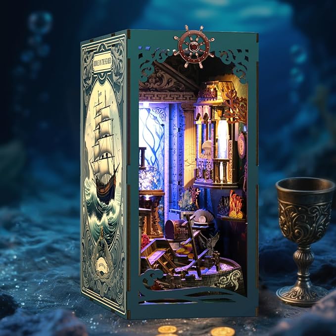 Book Nook Kit - DIY Enchanted Cottage Miniature House for Adults & Teens, 3D Wooden Puzzle Booknook with LED Lights, Bookshelf Insert Decor & Creative Model Building（Riddle On The Sea Floor）