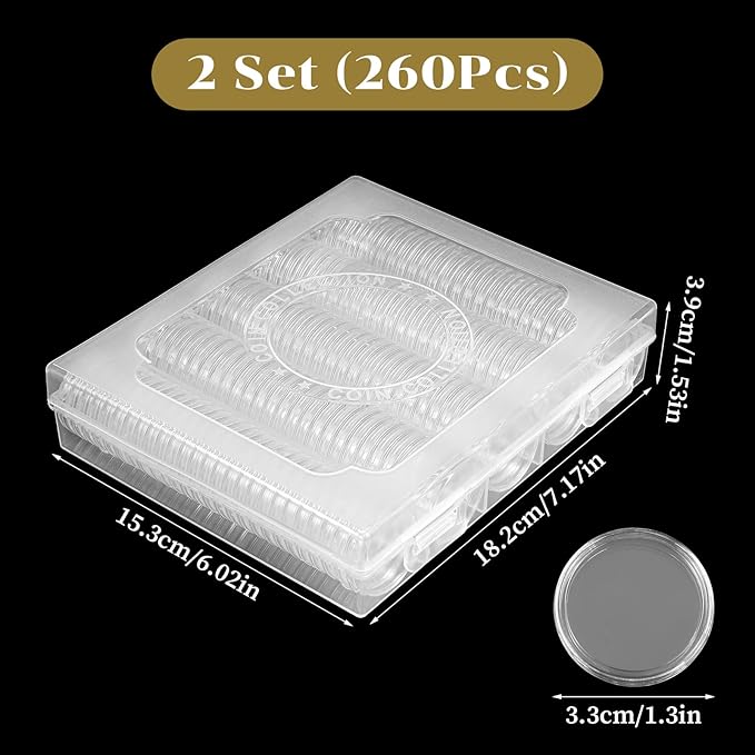 260 Pcs 30mm Coin Capsules with Foam Cushions – 6 Sizes (19/20/22/25/27/30mm) for Collectors,Coins Case with Clear Plastic Storage Organizer Box and Protective Gaskets for Coin Collection Supplies