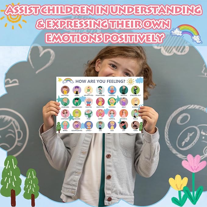 LAZTZQ Feelings Chart for Kids, Children's Mental Health Poster - Emotion Recognition Chart, 11x17inch Poster for School Counselors, Psychologists, and Parents Special Education Classroom Supplies