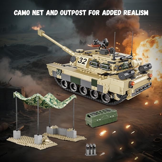 M1 Abrams Heavy Armor Tank Toy Building Set, Military Model Kit with Camouflaged Outpost, Building Blocks for Kids 14+ & Adults, Compatible with Lego Sets (1206 PCS)