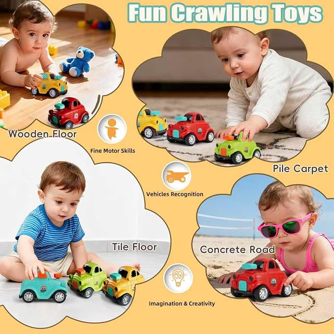 Inertial Push and Go Cartoon Car Toys for Toddlers 1-3, Friction Powered Race Vehicles for 6-9-12-18 Month, 1st Birthday Gift for 1-2 Year Old Boy Girl,Party Favor for Kids