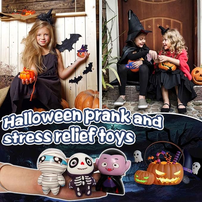 New 6 Packs-Halloween Squishies Toys Slow Rising, Gift Box Includes Pumpkin, Vampire,Black Cat,Mummy,Human Skeleton, Bat, Halloween Soft Stress Relief Toys for Girls,Boys,Kids Party(6pcs-4)