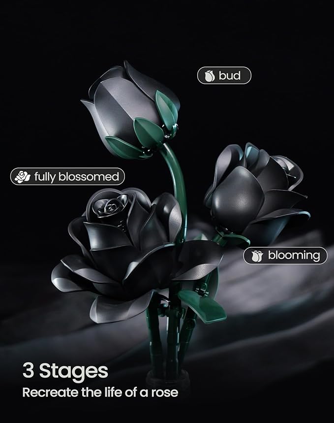 iATOM Black Rose Bouquet Building Set, Halloween Artificial Flowers Kit for Adults - Gothic Horror Retro Botanical Collection, Home Office Table Centerpiece Decor - IA11001