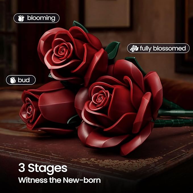 iATOM Burgundy Red Rose Bouquet Building Set, Artificial Flowers Botanical Collection Kit for Adults Women, Halloween & Valentines Gift - Gothic Home Office Table Centerpiece Decor - IA11016