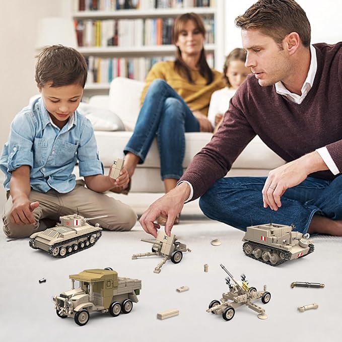 5 in 1WW2 Army Tank Toys Building Set Compatible with Lego British Military Vehicles(1260 Pcs),Create UK Ordnance QF 2-Pounder&Morris CDSW 6X4,Valentine.I Transport Vehicles Military Toy Gift for Boy