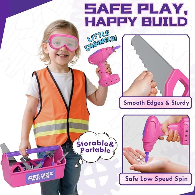 Lehoo Castle Kids Tool Set with Electric Toy Drill and Tool Box, Construction Toys for 3 Year Old Girls Birthday Gift, Pretend Play Toddler Tools for 3-5 Years Old (Pink)