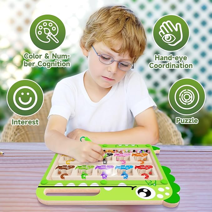 Magnetic Color and Number Maze, Montessori Toys, Wooden Puzzle Activity Board for 3+ Year Old Kids, Counting & Color Sorting Educational Toys for Toddlers and Boys Girls 3 4 5 6 Years Old