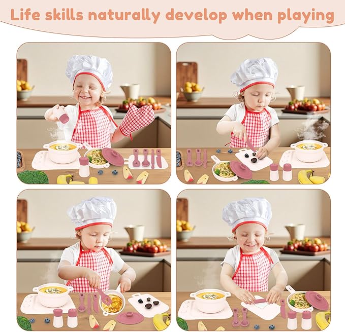 TYRY.HU Play Kitchen Accessories, 11Pcs BPA Free Silicone Pretend Play Food Sets, Play Kitchen Set,Play Kitchen Cooking Utensils Pots & Pans, Pretend Role Play Cooking Toys Gifts for Toddlers 1-3,Pink